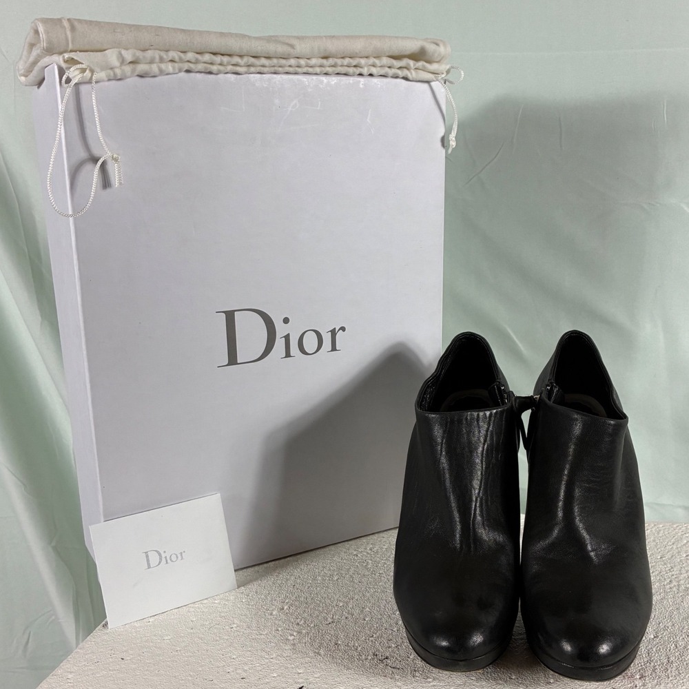 Christian Dior Black Leather Platform Ankle‎ Boots Silver Heel Detail Size 40